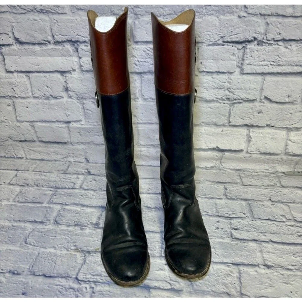Frye Melissa Logo Black & Brown Leather Knee High Boots 76436 Women's 8